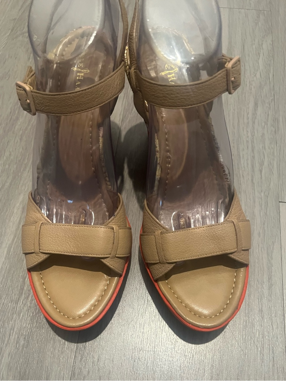 Cole Haan Tan Leather Wedge Sandals Snake-Print Heel Red Platform Size 10B - Picture 6 of 13